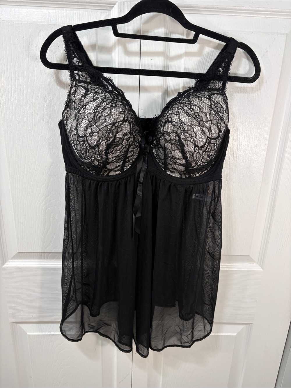 Voglo Lace-Trim Black Babydoll Chemise with Sheer Skirt